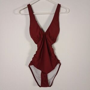 Tempt Me Burgundy Ruched Tummy V Neck One‎ Piece Swimsuit Size S